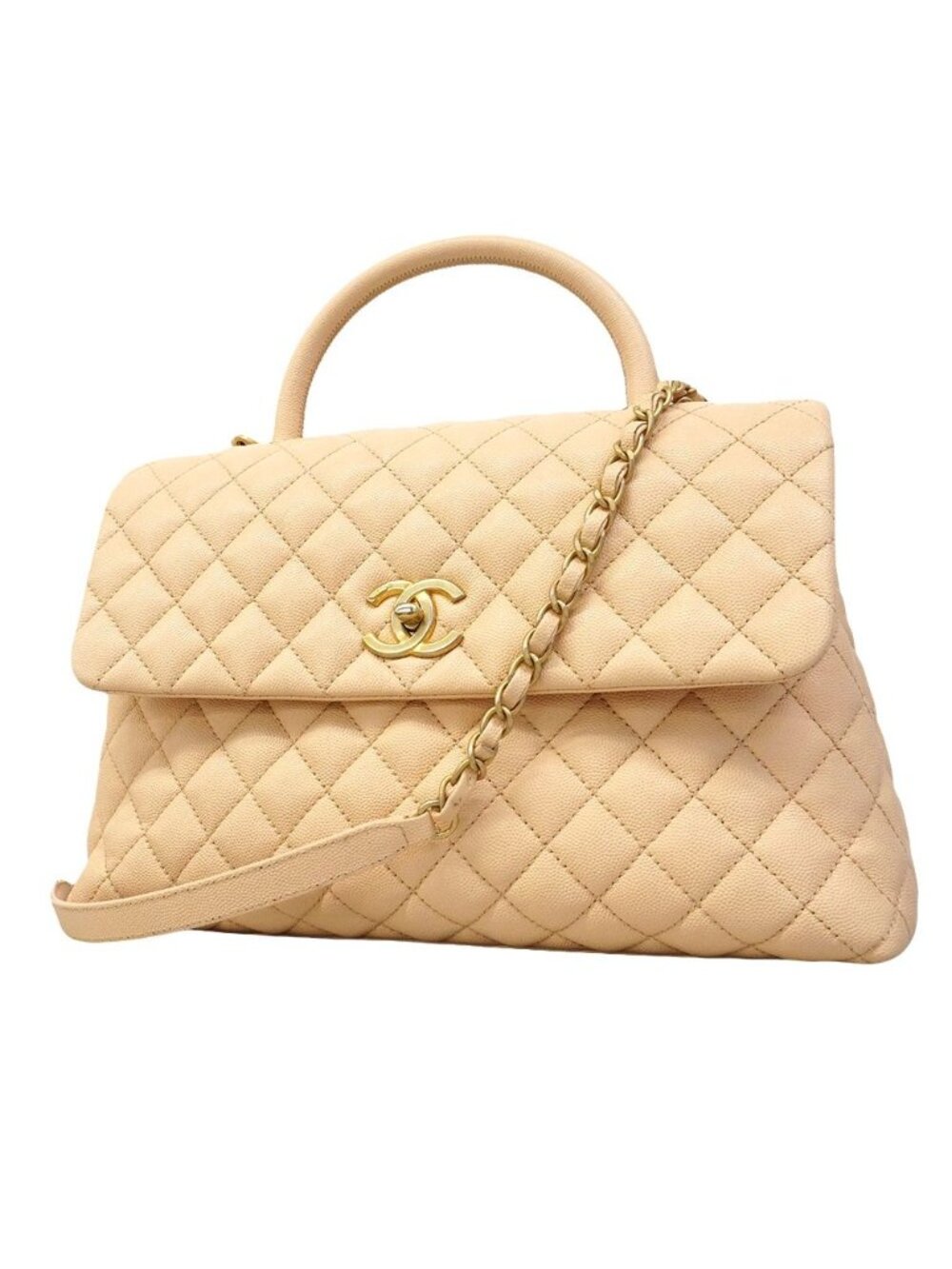 Chanel Handbag Herehandle Caviar Leather Beige Gold 2-Way